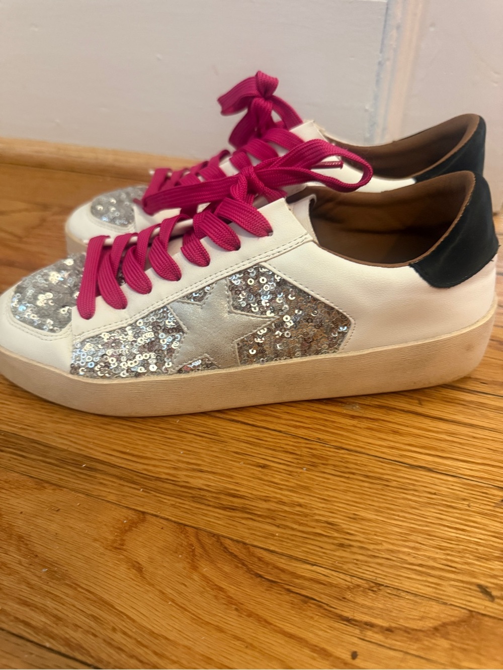 Women’s White Sequin Star Sneakers with Pink Laces